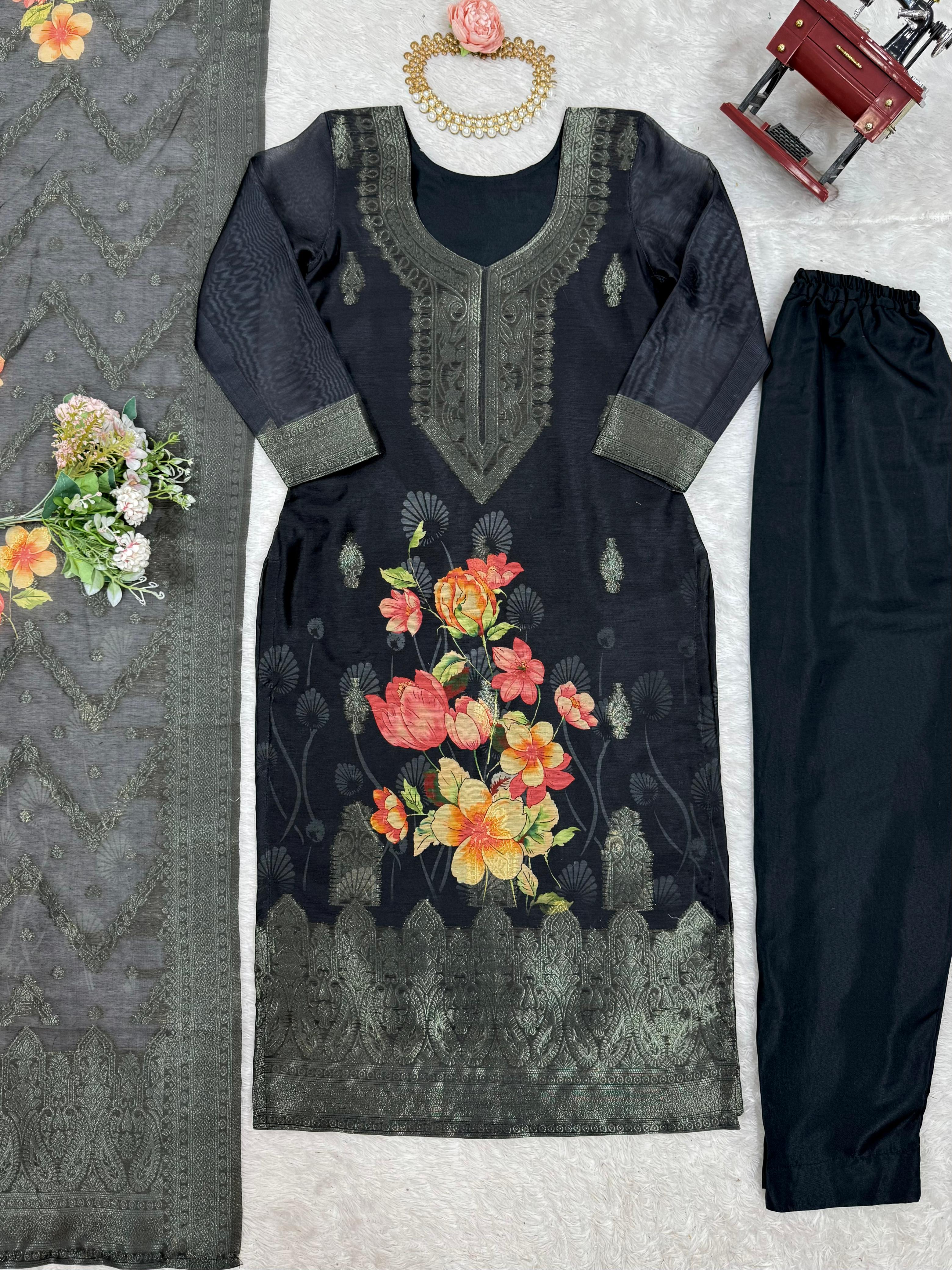 Beautiful Top Pent And Dupatta With  Jacquard Work & Digital Print