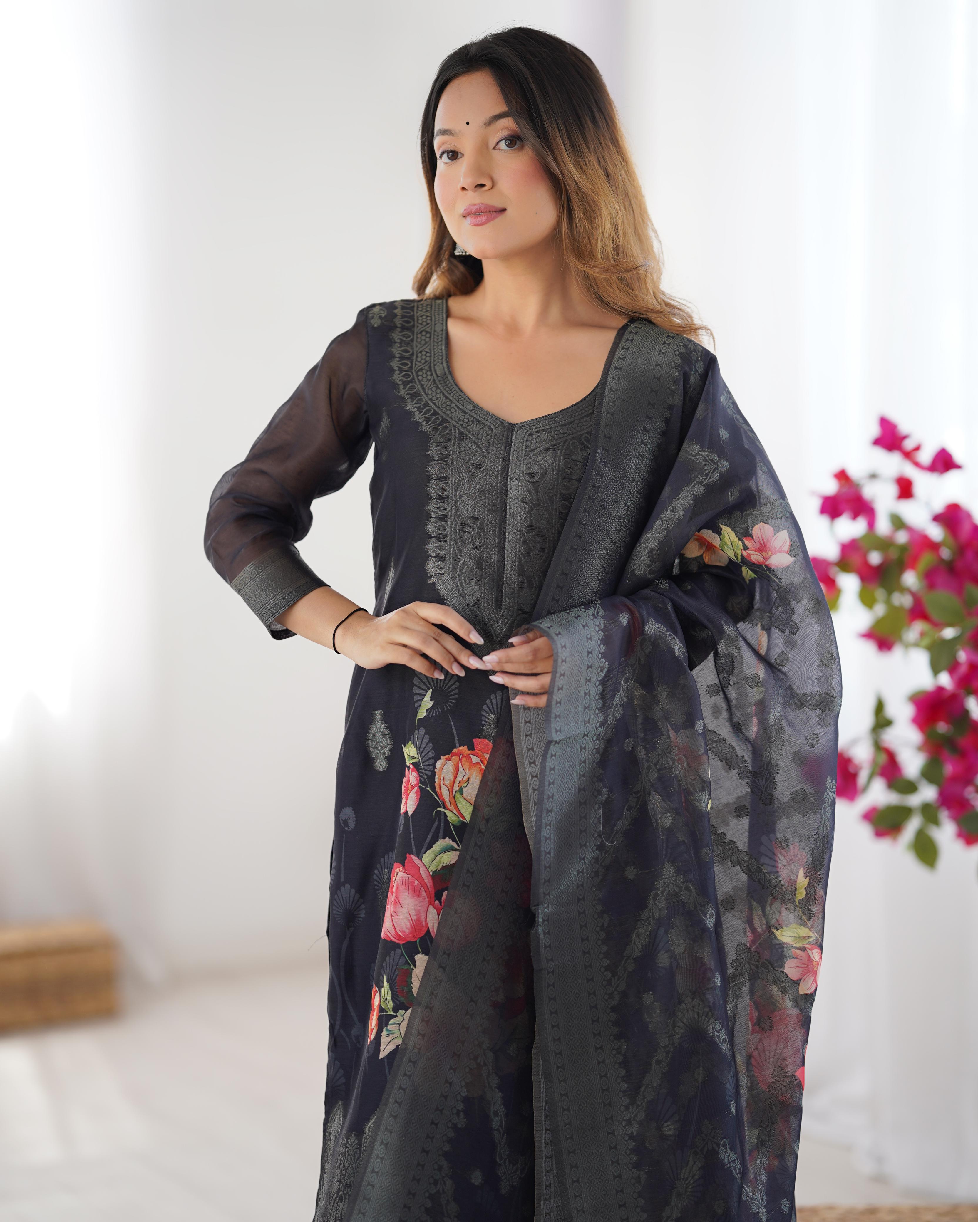 Beautiful Top Pent And Dupatta With  Jacquard Work & Digital Print