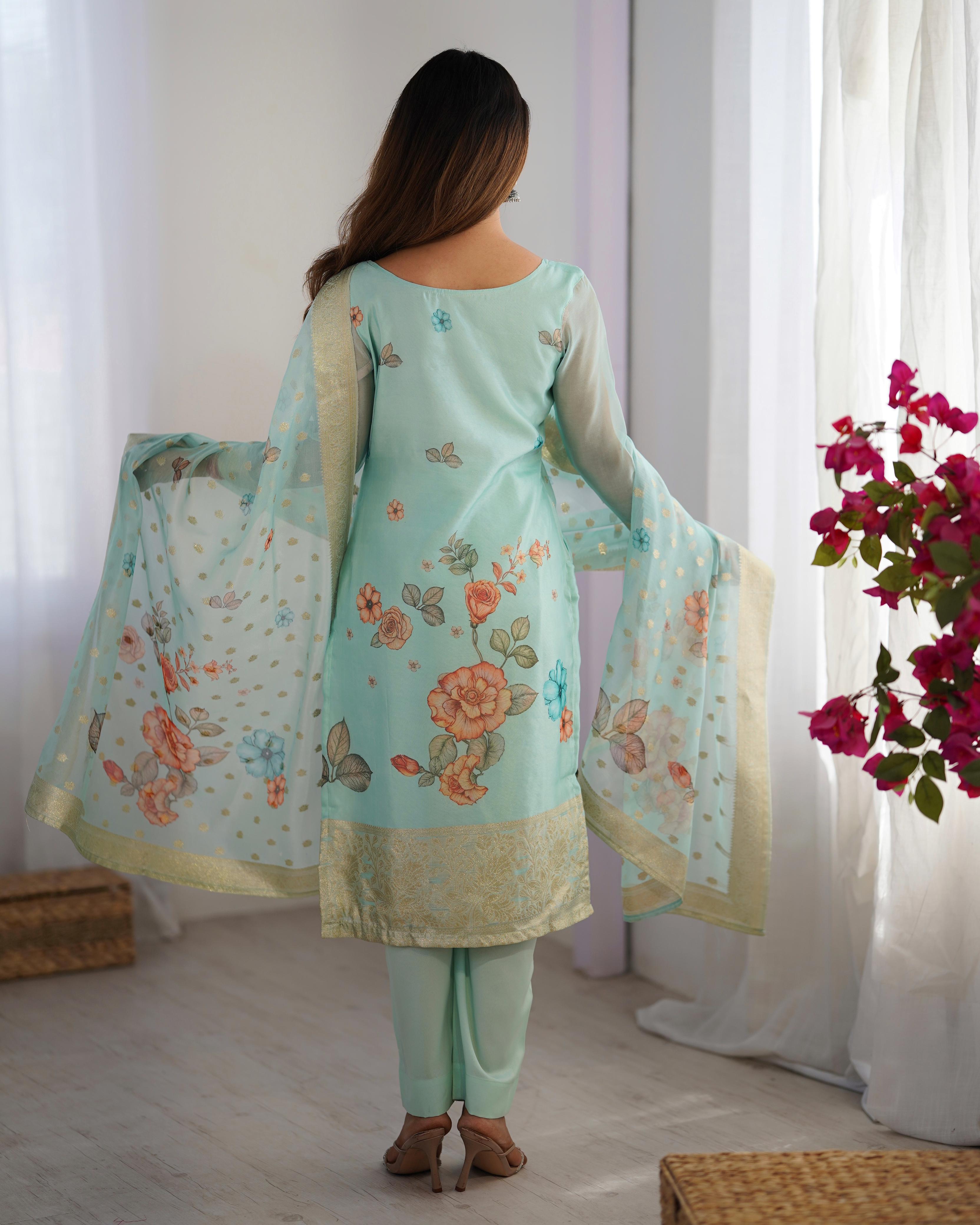 Beautiful Top Pent And Dupatta With  Jacquard Work & Digital Print