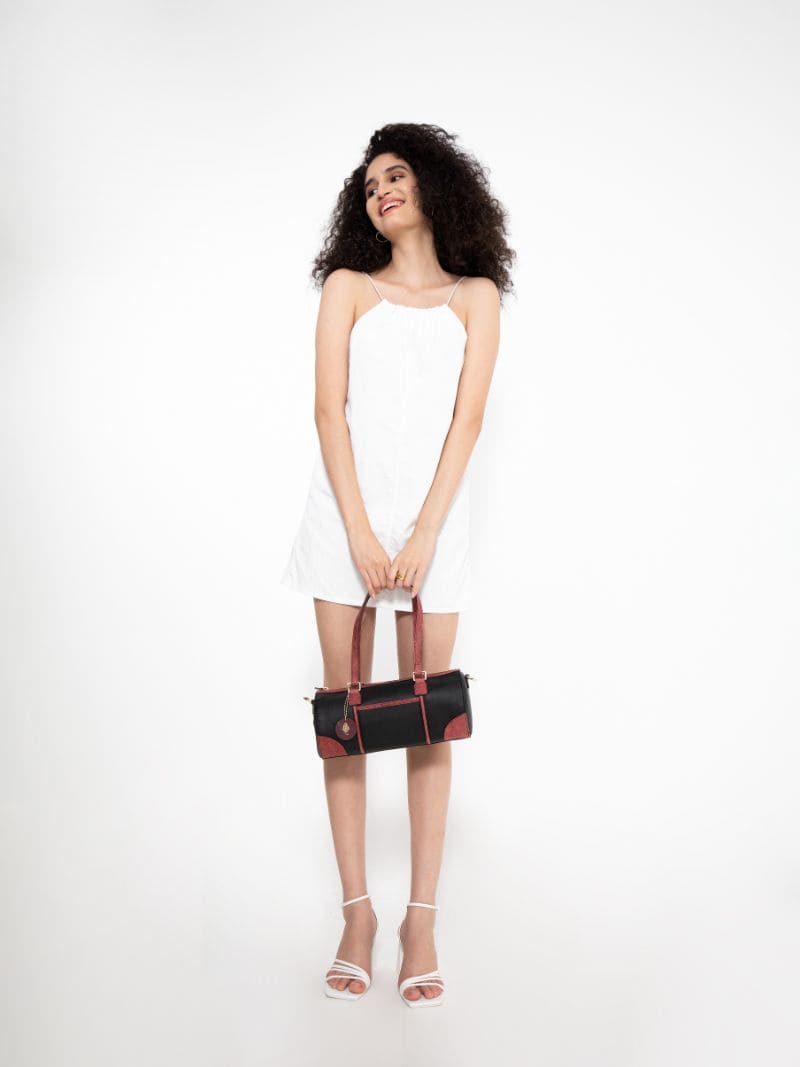 Salacia Vegan Leather Bowler Bag – Black & Madder Red