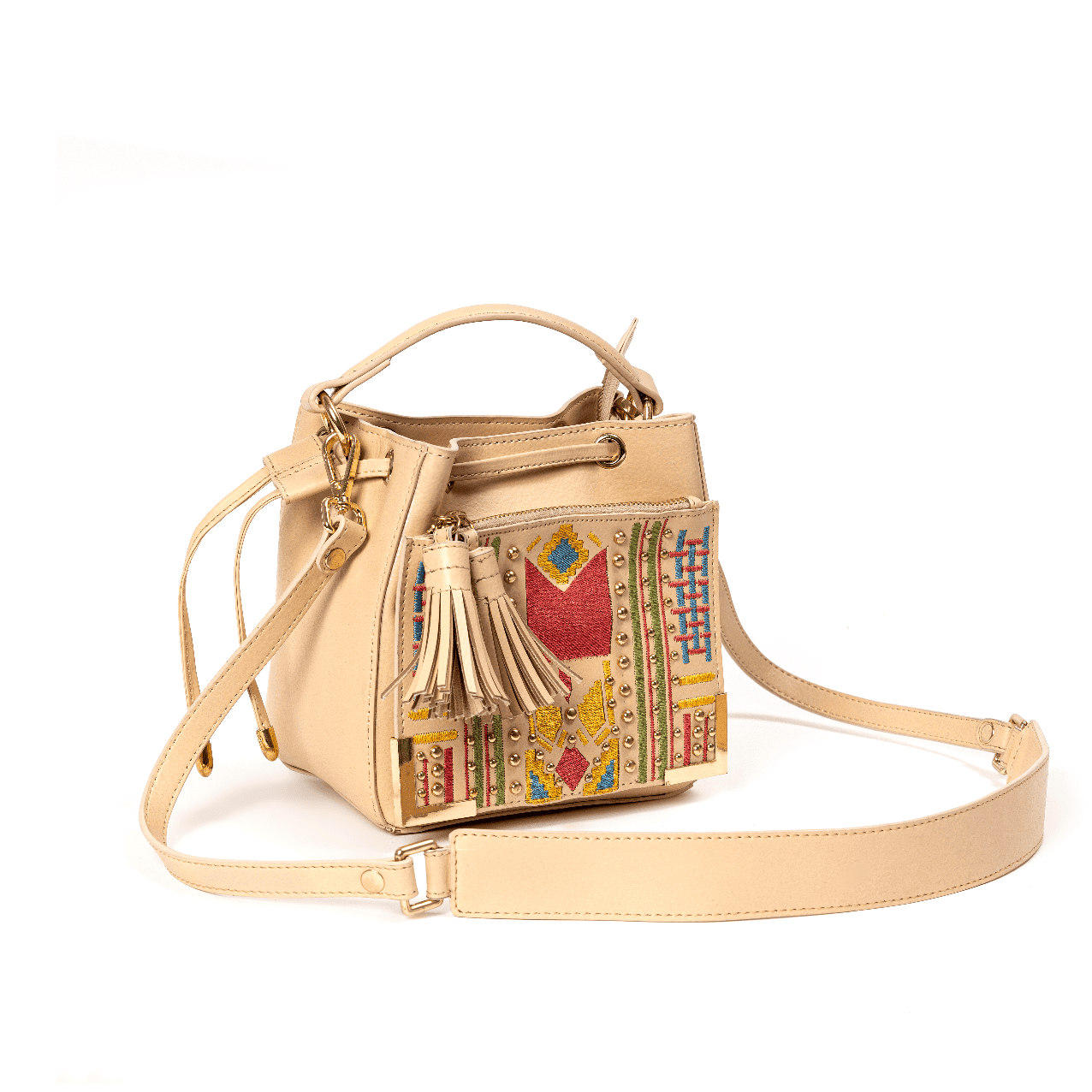 Nora Vegan Leather Embroidered Sling Bag – Almond