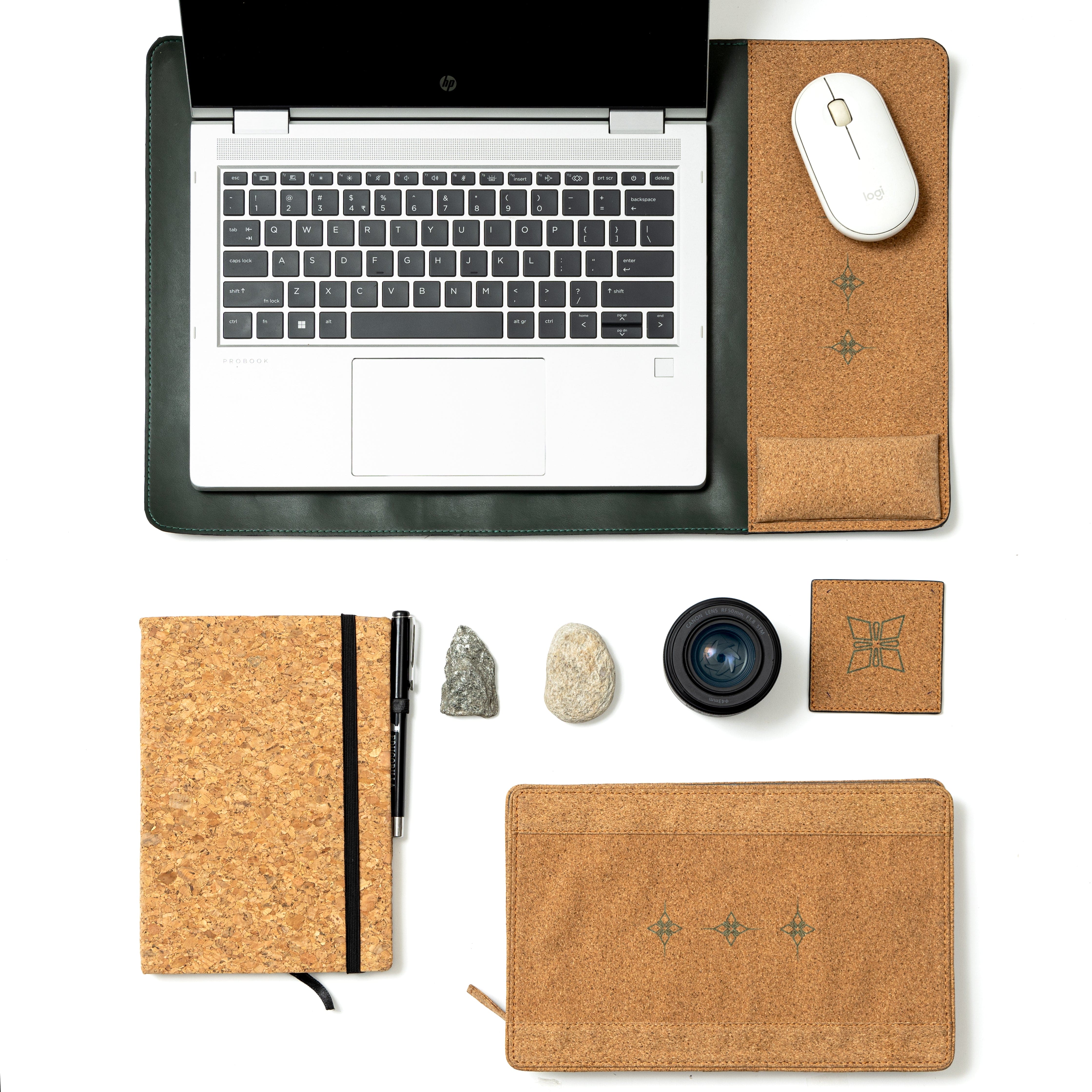Basil office desk setup with plant leather desk mat cork diary coaster and desk accessories by Green Hermitage