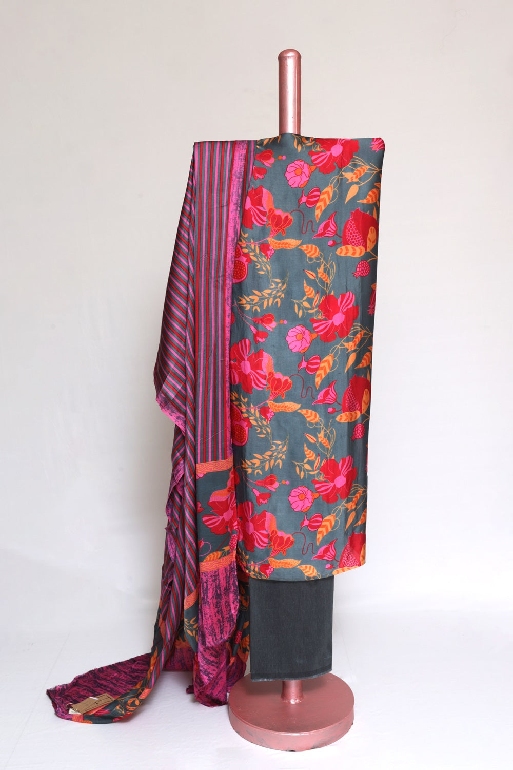 SLATE GREY MODAL SILK PRINTED UNSTITCHED SUIT SET