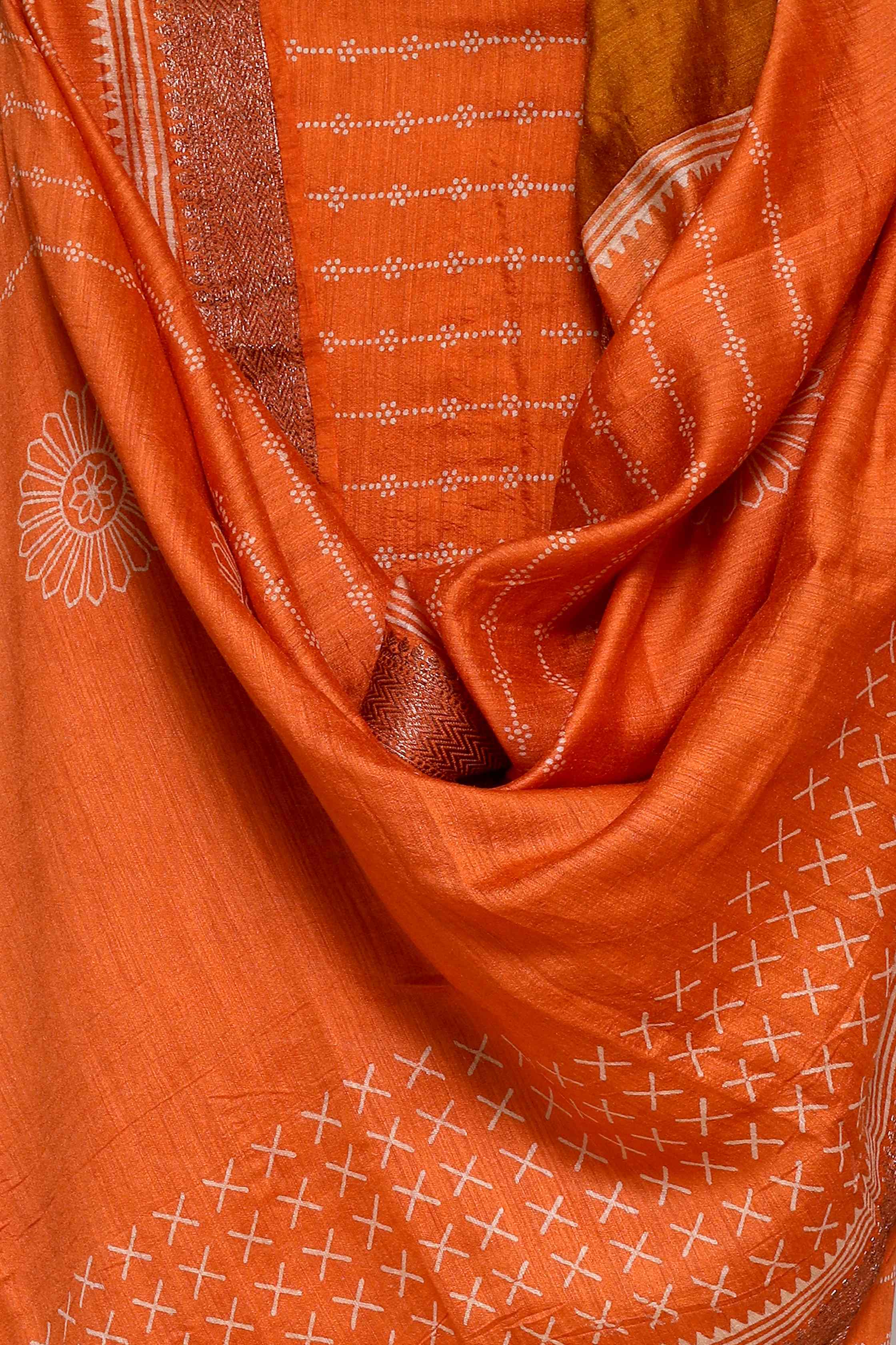 TANGERINE PRINTED TUSSAR SILK  ZARI BORDER UNSTITCHED SUIT SET