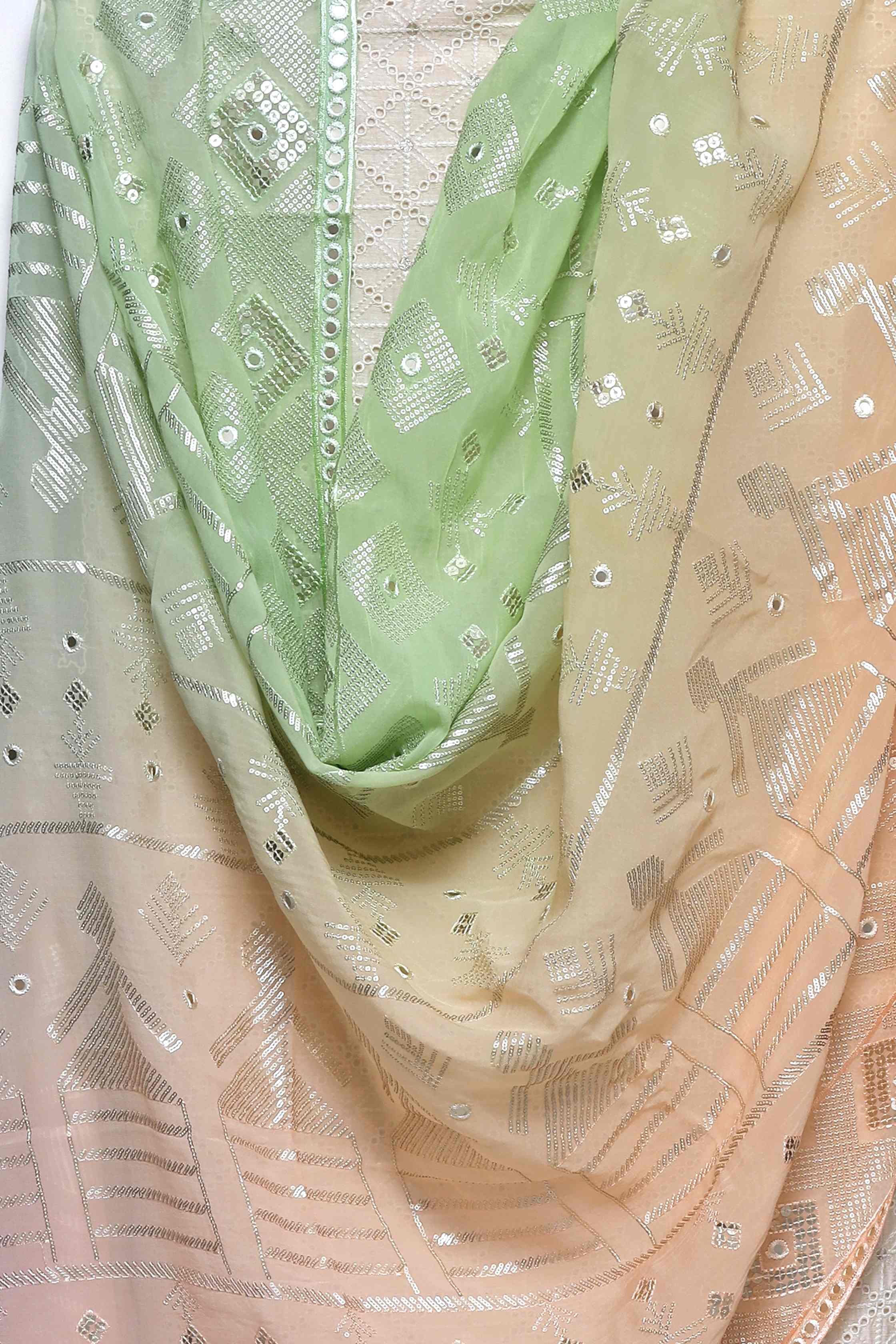 PASTEL GREEN & OFF WHITE  EGYPTIAN COTTON SCHIFELI  UNSTITCHED SUIT SET