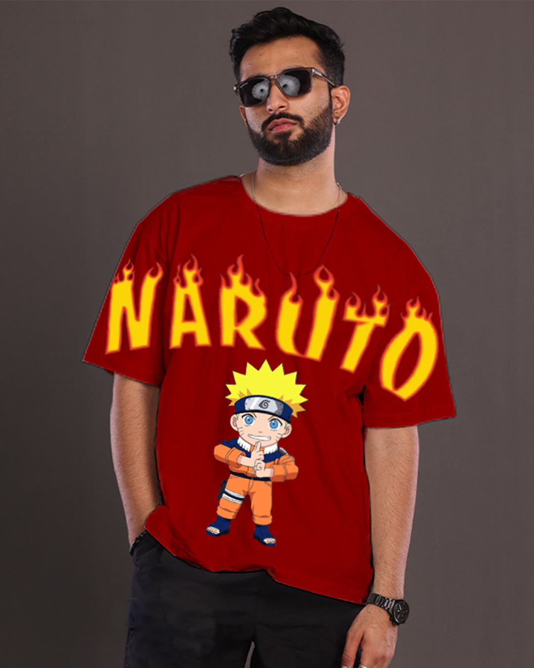 Men's Red Oversized T-Shirt - Naruto Fire(*)