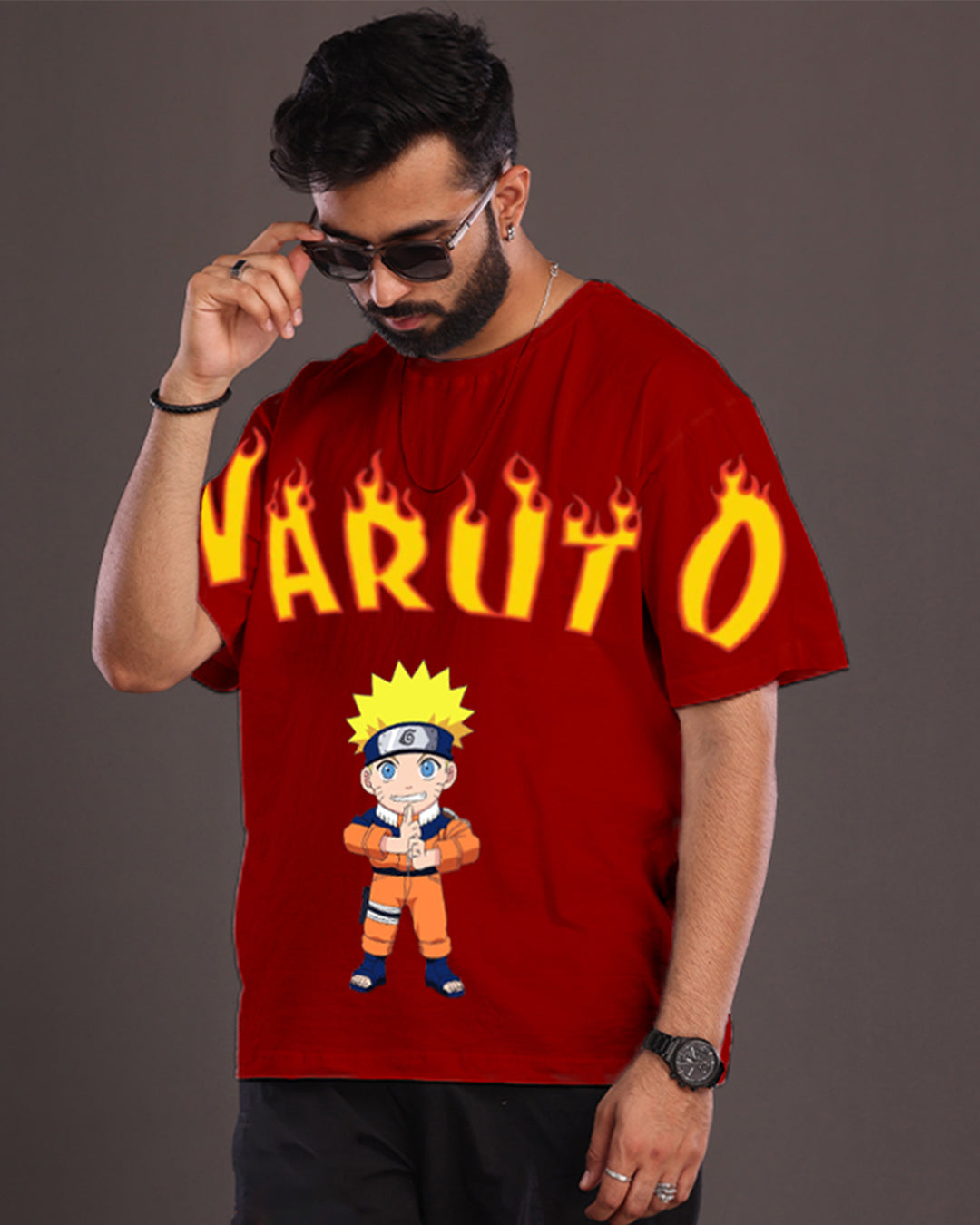 Men's Red Oversized T-Shirt - Naruto Fire(*)