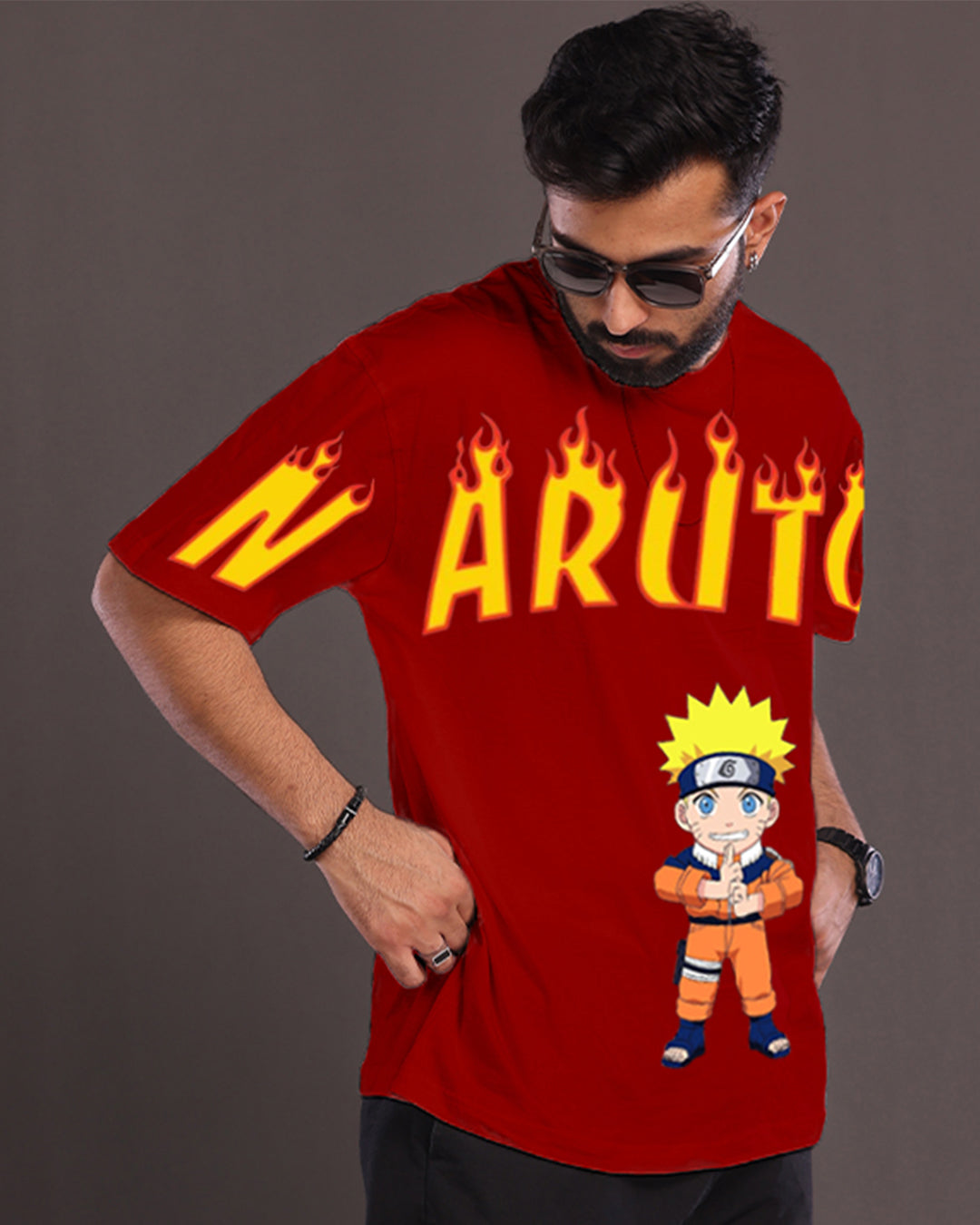 Men's Red Oversized T-Shirt - Naruto Fire(*)