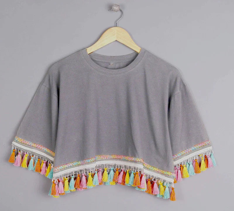 Foggy Delight: Multicolored Tassel Trim Tops