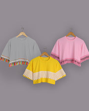 3-Pack Women's Oversized Tassel Tops: Fog Grey, Yellow & Pink, 100% Cotton
