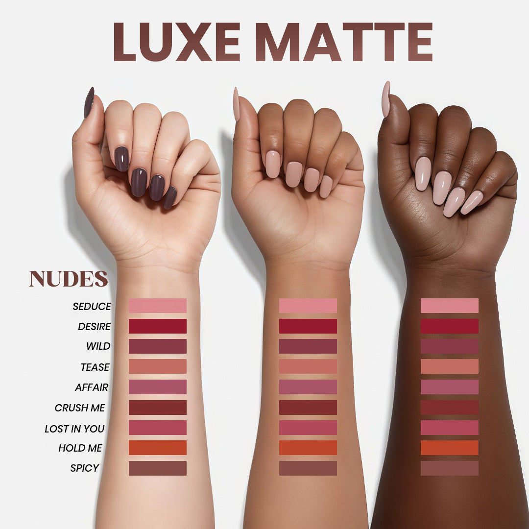 LUXE MATTE LONG SLAY MOUSSE LIPSTICK (PALETTE OF 9 – 2 VARIANTS BROWNS & NUDES)