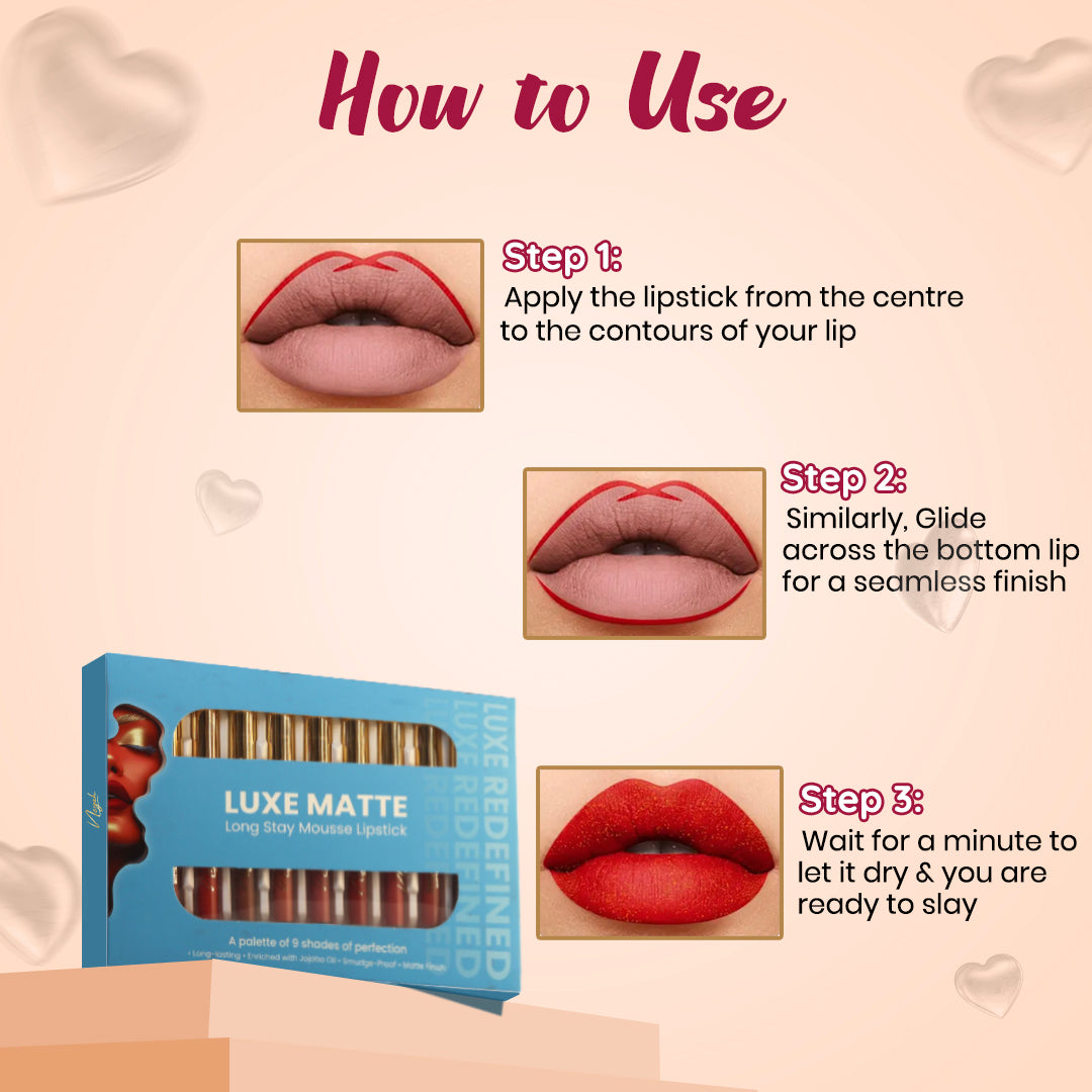 LUXE MATTE LONG SLAY MOUSSE LIPSTICK (PALETTE OF 9 – 2 VARIANTS BROWNS & NUDES)