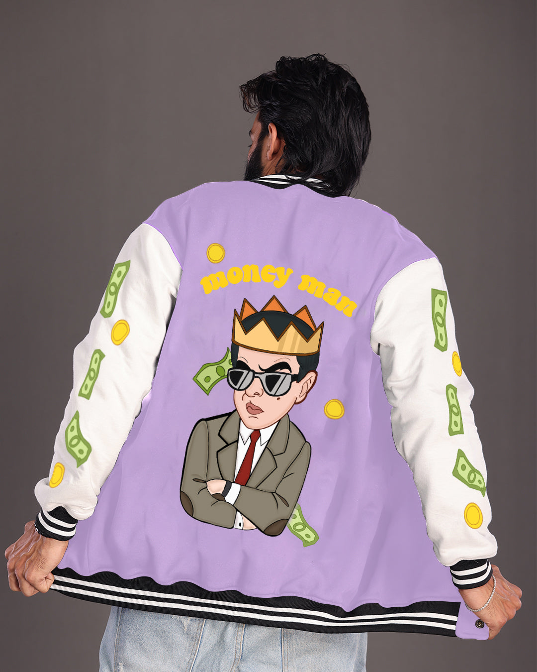 Fortune Fashion: Men's Purple Varsity Jacket - Money Man Deluxe Edition