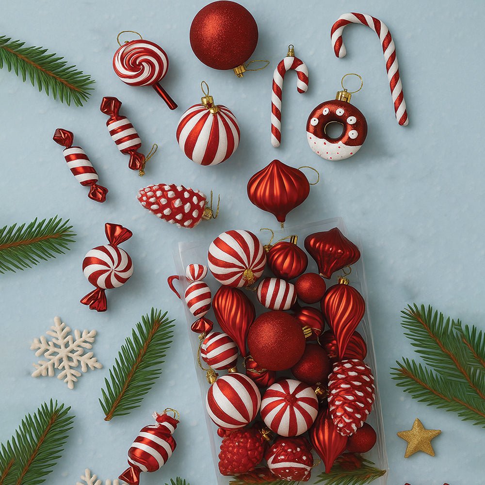 Little Surprise Box 39 pcs Red White Donuts & Candies themed Christmas Balls tree hanging, XMAS Decoration set.