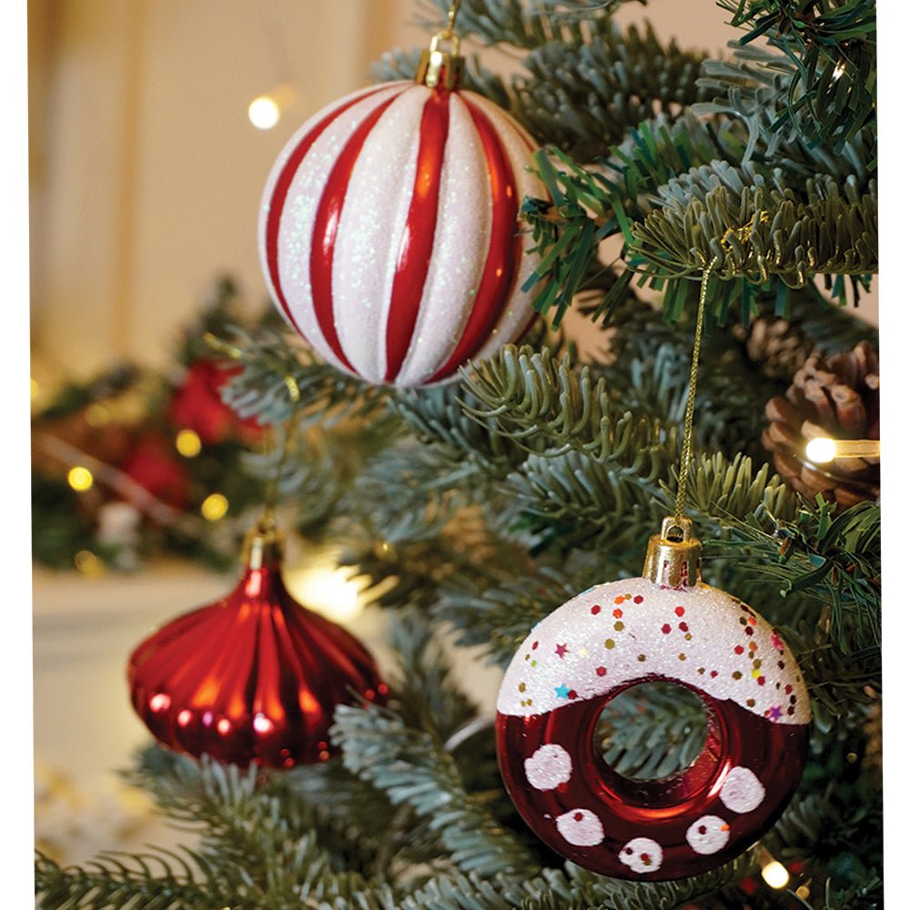 Little Surprise Box 39 pcs Red White Donuts & Candies themed Christmas Balls tree hanging, XMAS Decoration set.