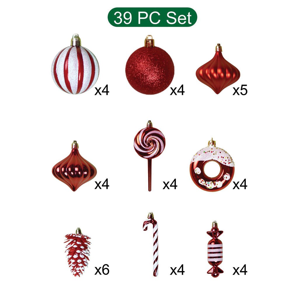 Little Surprise Box 39 pcs Red White Donuts & Candies themed Christmas Balls tree hanging, XMAS Decoration set.