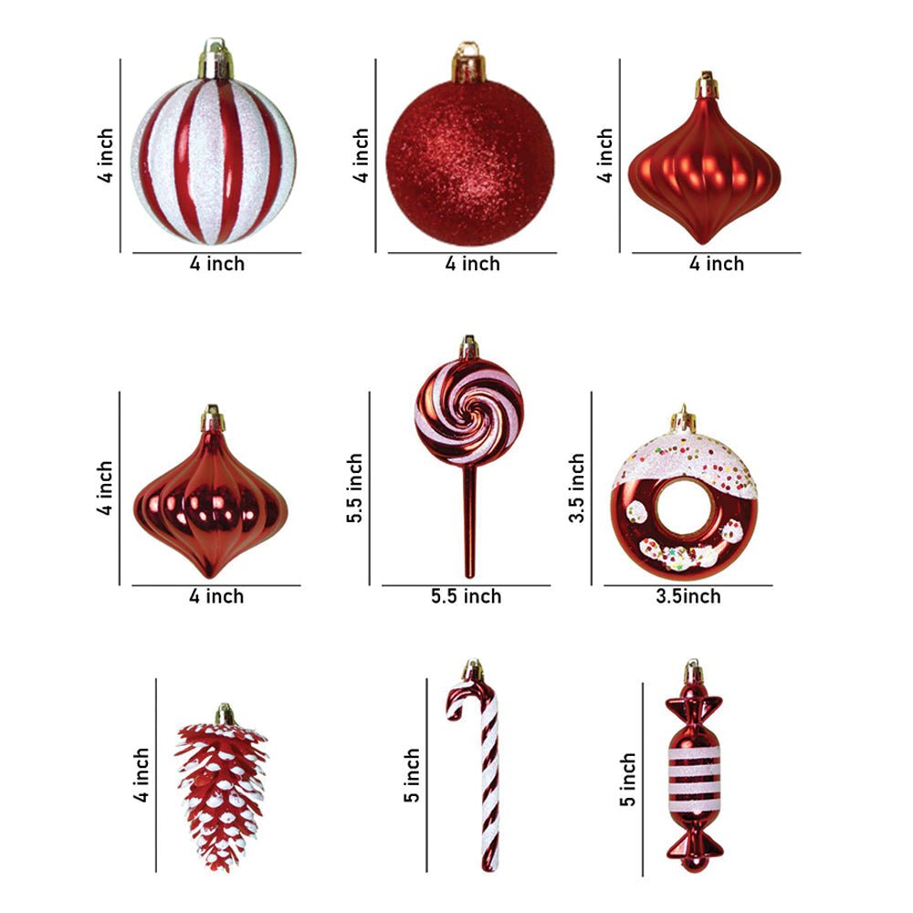 Little Surprise Box 39 pcs Red White Donuts & Candies themed Christmas Balls tree hanging, XMAS Decoration set.