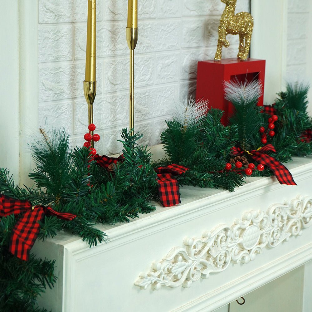 Little Surprise Box  6 feet Red Black Bow ,Deep Green Xmas Garland for Home and Table Décor