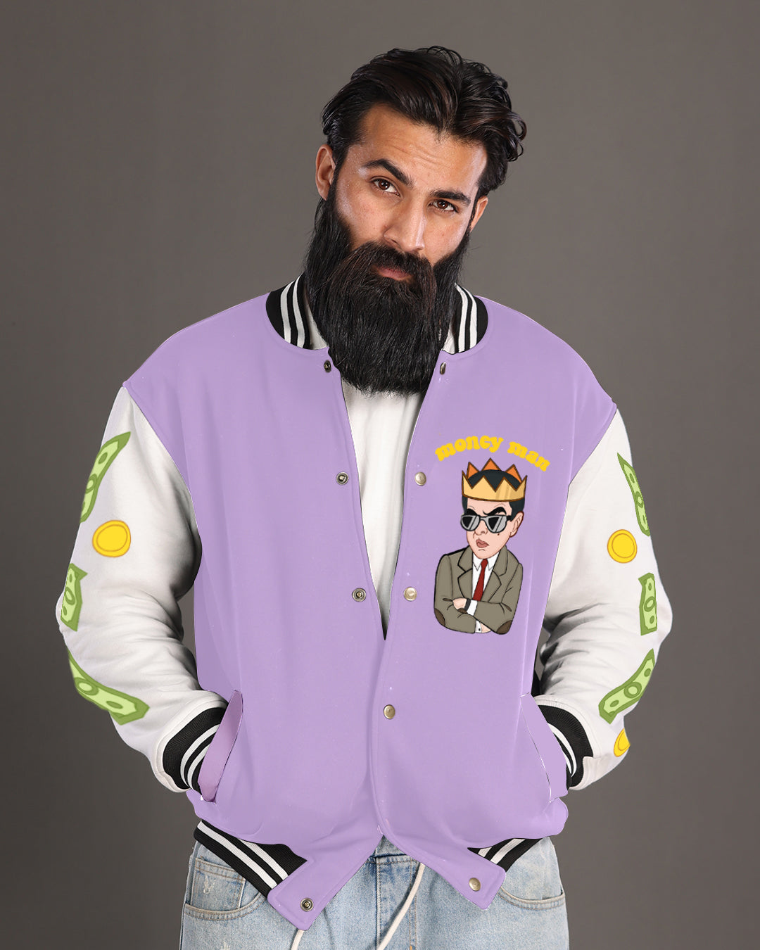 Fortune Fashion: Men's Purple Varsity Jacket - Money Man Deluxe Edition