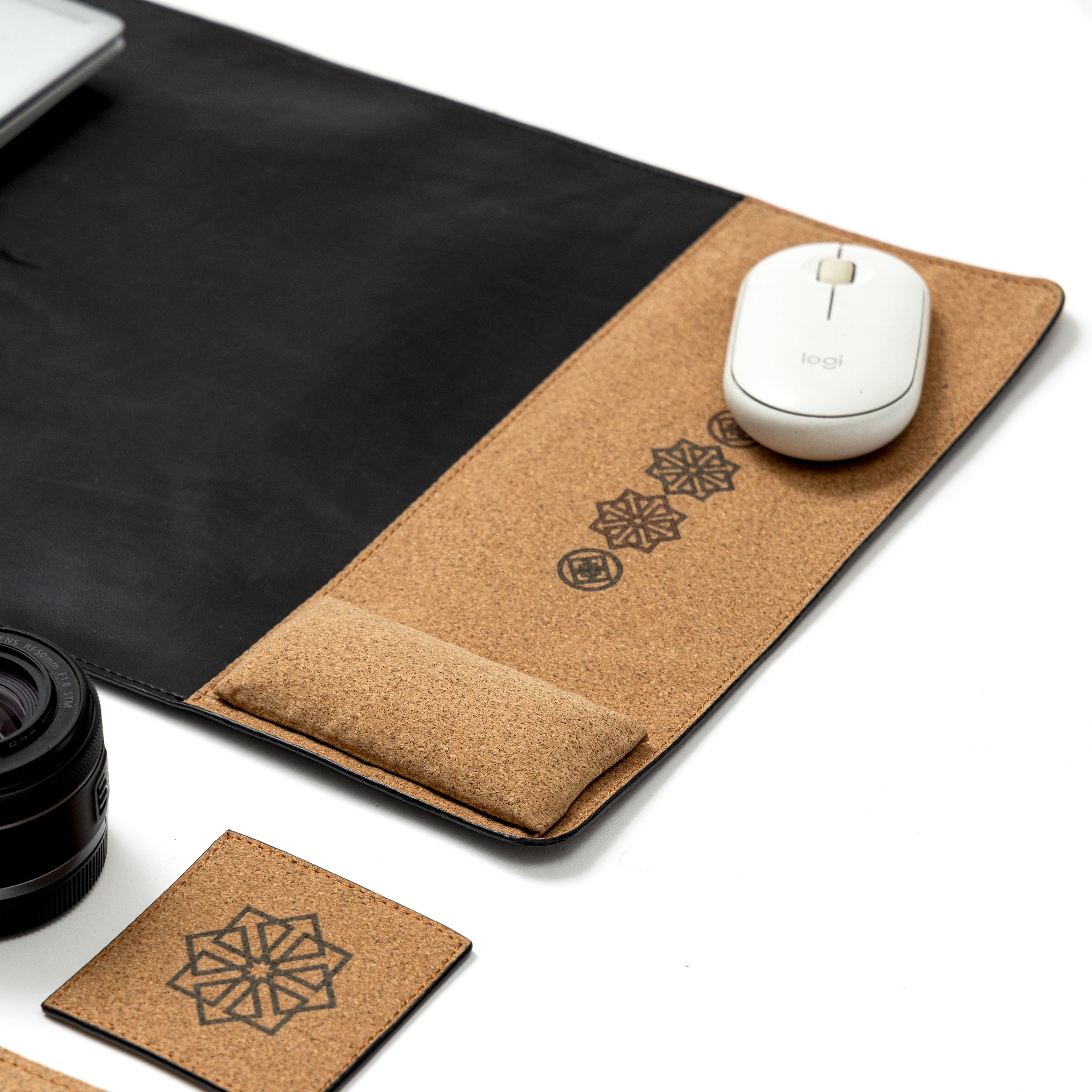 Noir cork desk mat with mouse pad from sustainable office desk set by Green Hermitage