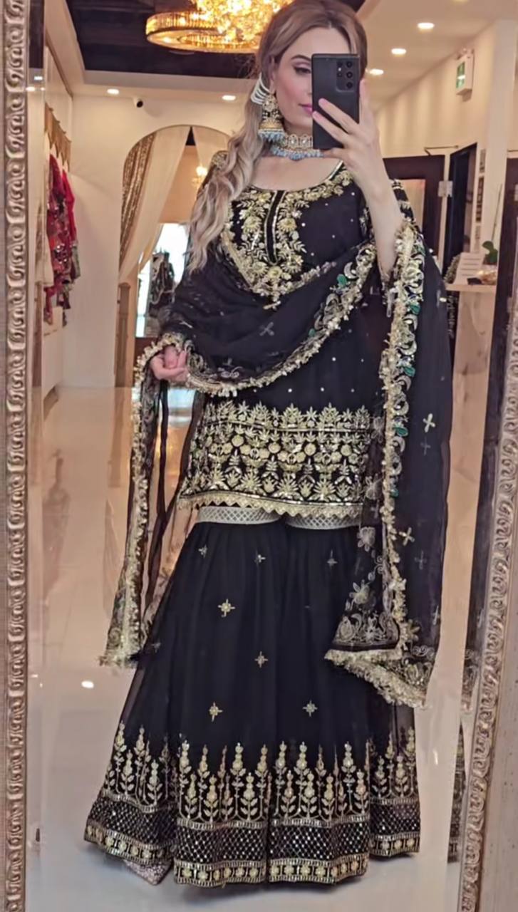 Designer Party Wear Look Top , Sharara Plazzo And Dupatta