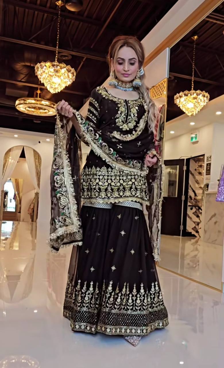 Designer Party Wear Look Top , Sharara Plazzo And Dupatta