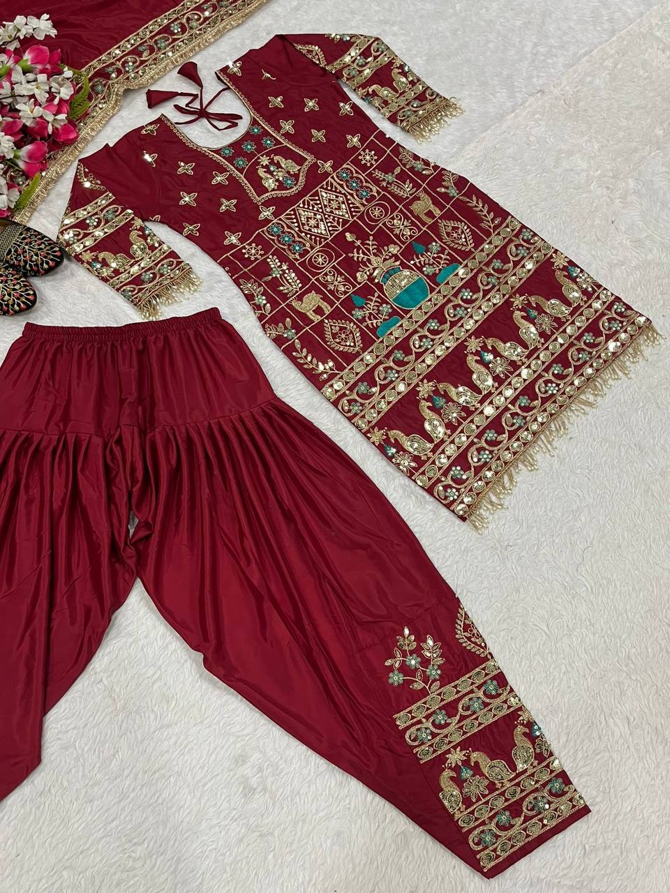 Designer Party Wear Look Top ,Dhoti Salwar And Dupatta
