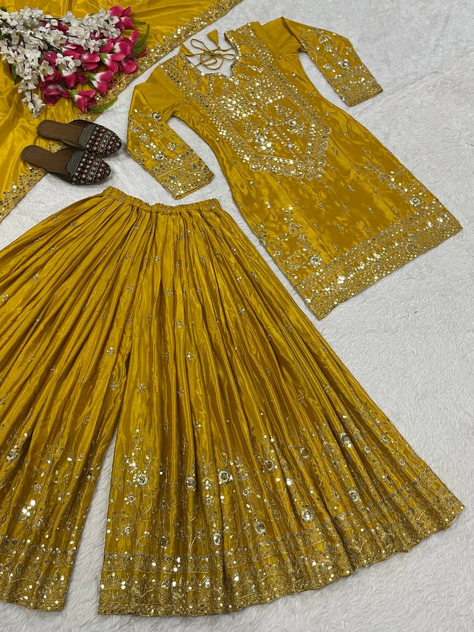 Designer Party Wear Look Top , Sharara Plazzo And Dupatta