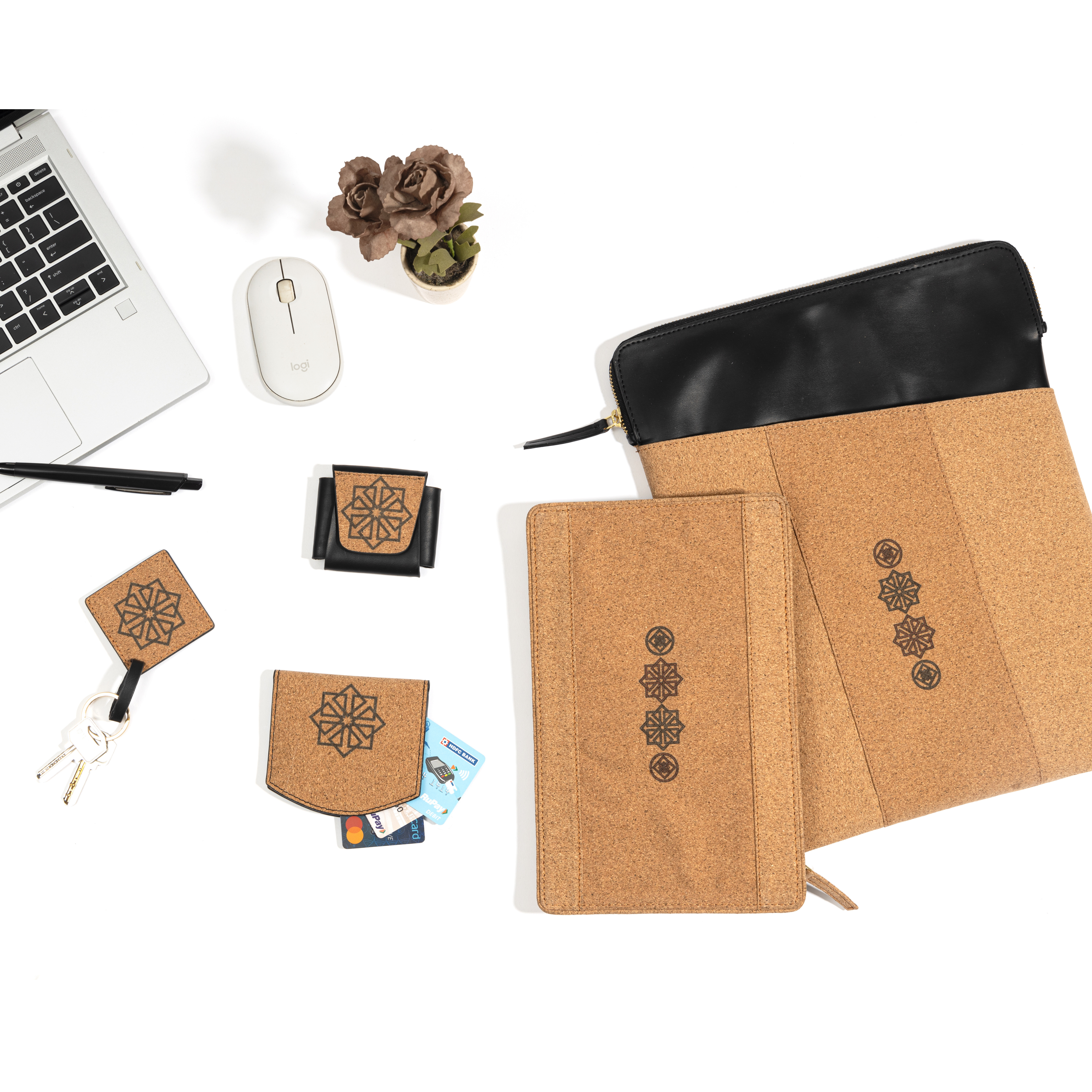 Plant leather work on-the-go gift set with laptop sleeve cable organiser card holder AirPods cover and keychain – Green Hermitage.