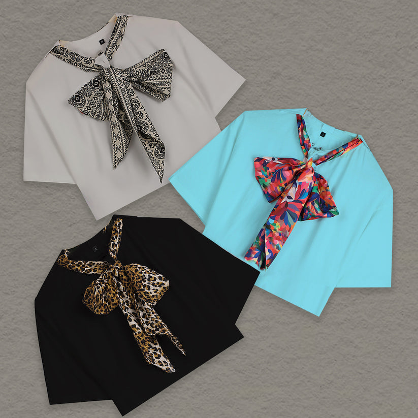 3-Pack Classy Knot Neck Tie Cropped Tees: Fog Grey, Black & Sky Blue