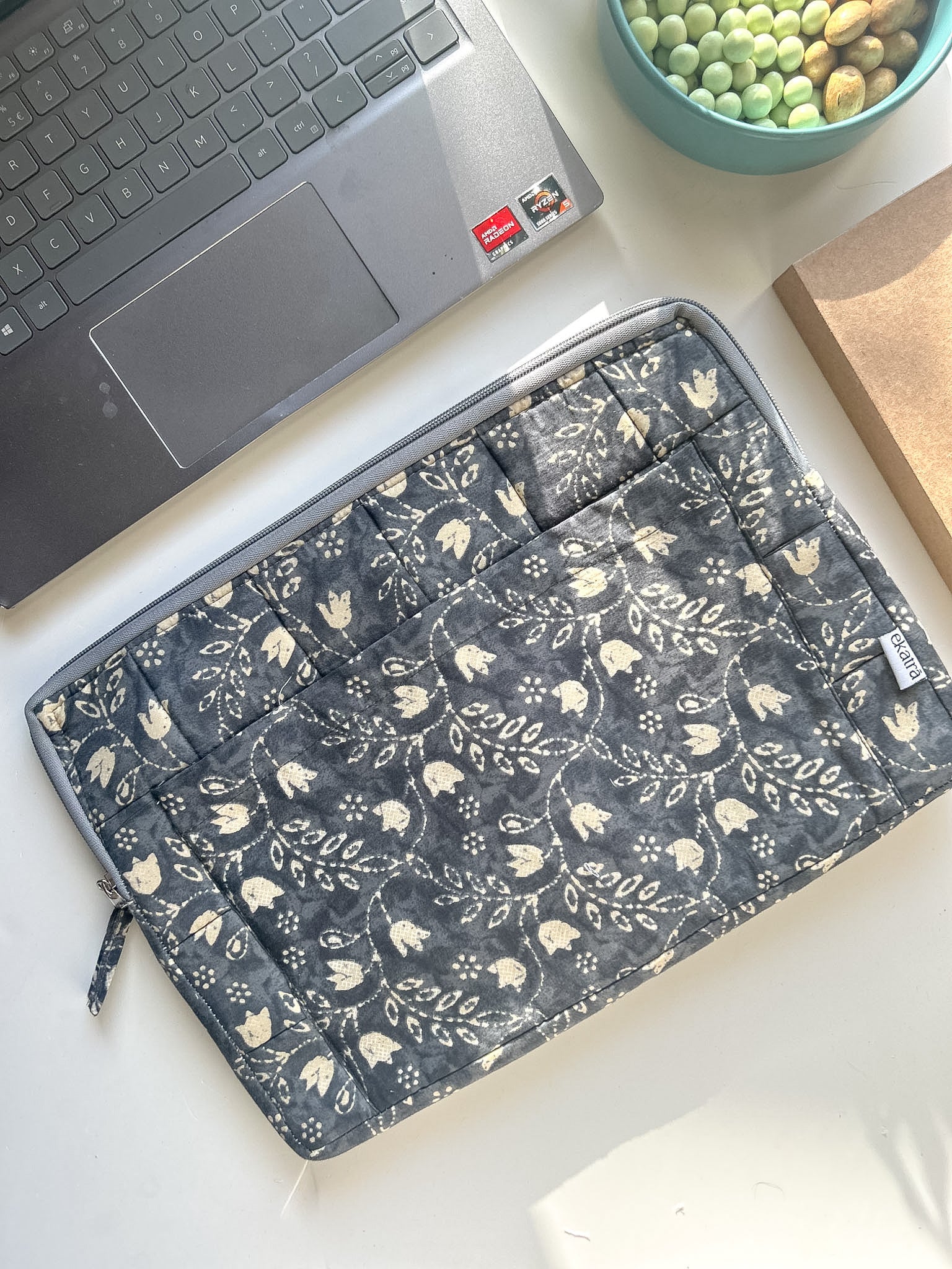 Cotton Laptop Sleeve/Cover - Black Floral