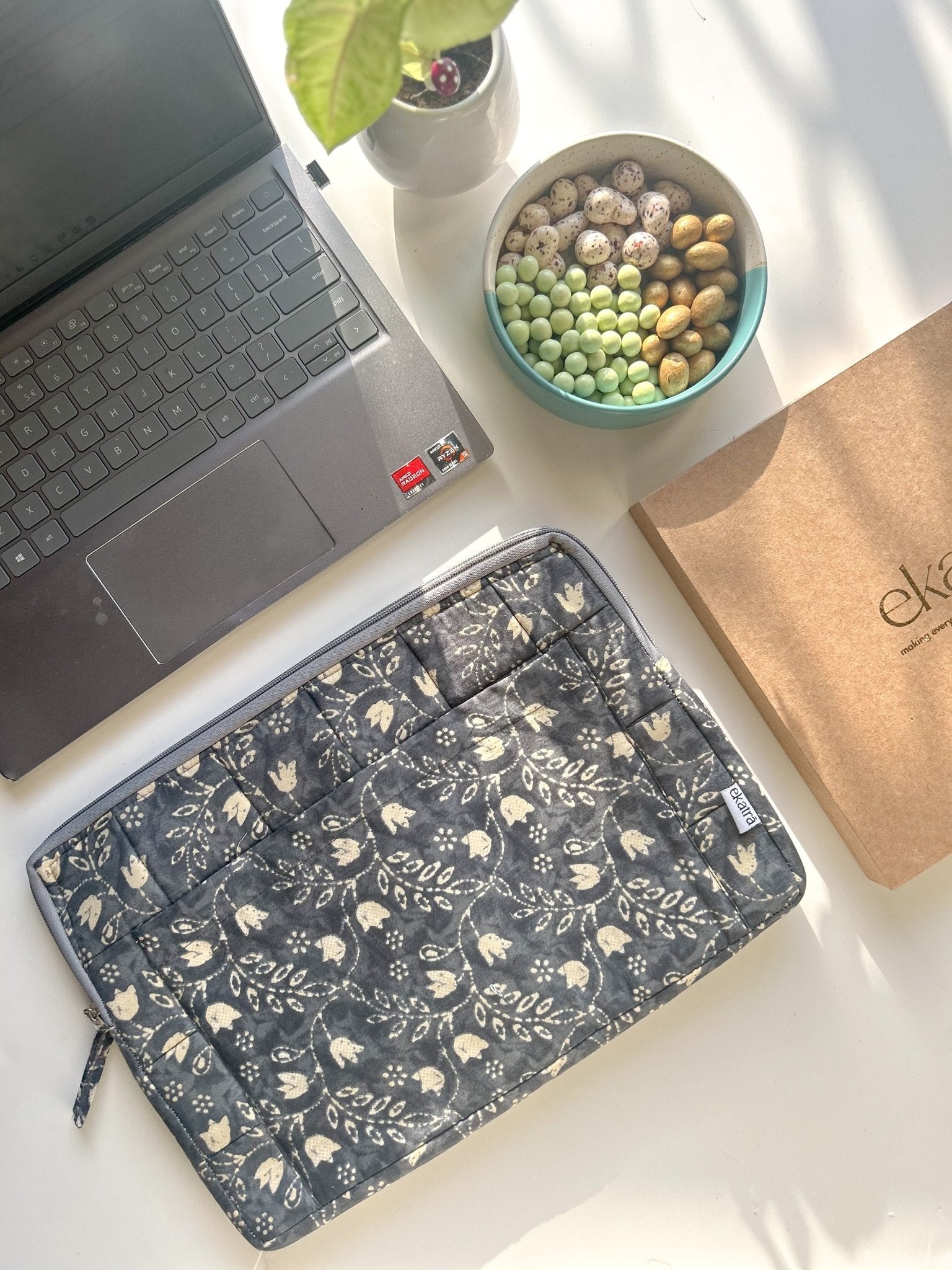 Cotton Laptop Sleeve/Cover - Black Floral