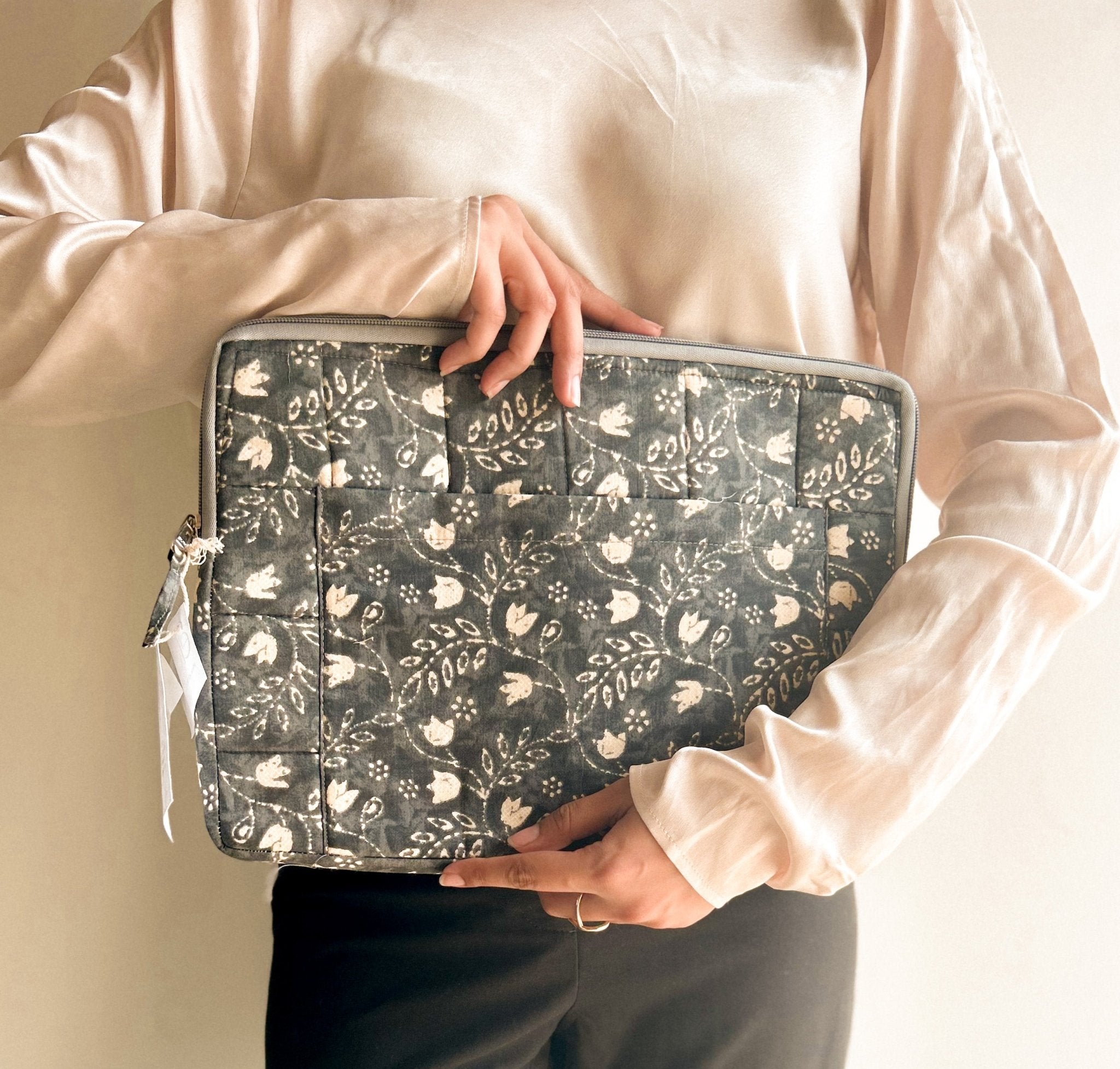 Cotton Laptop Sleeve/Cover - Black Floral