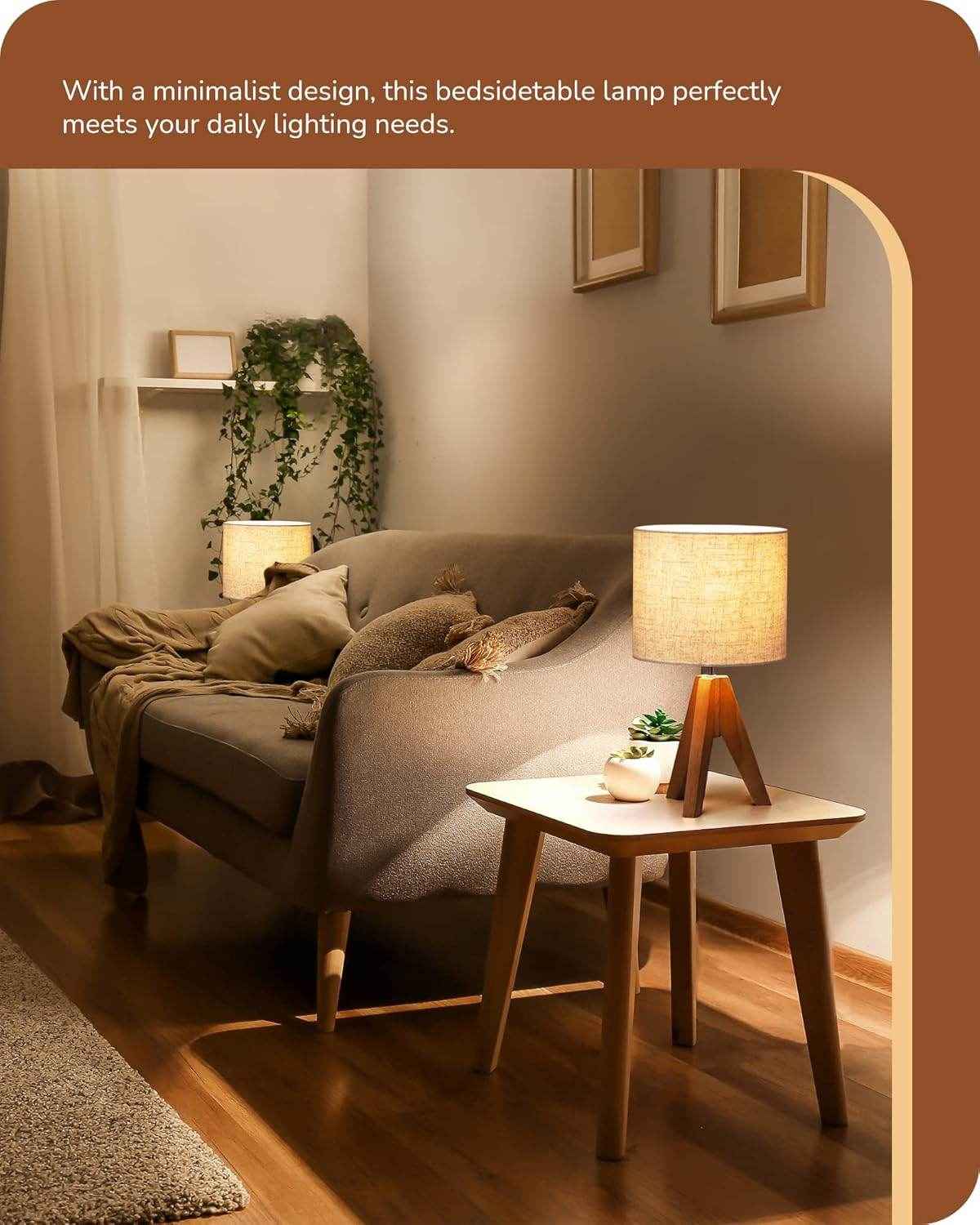 Teakwood Tripod Table Lamp with Fabric Shade & Bulb – Ready to Use Bedside Lighting