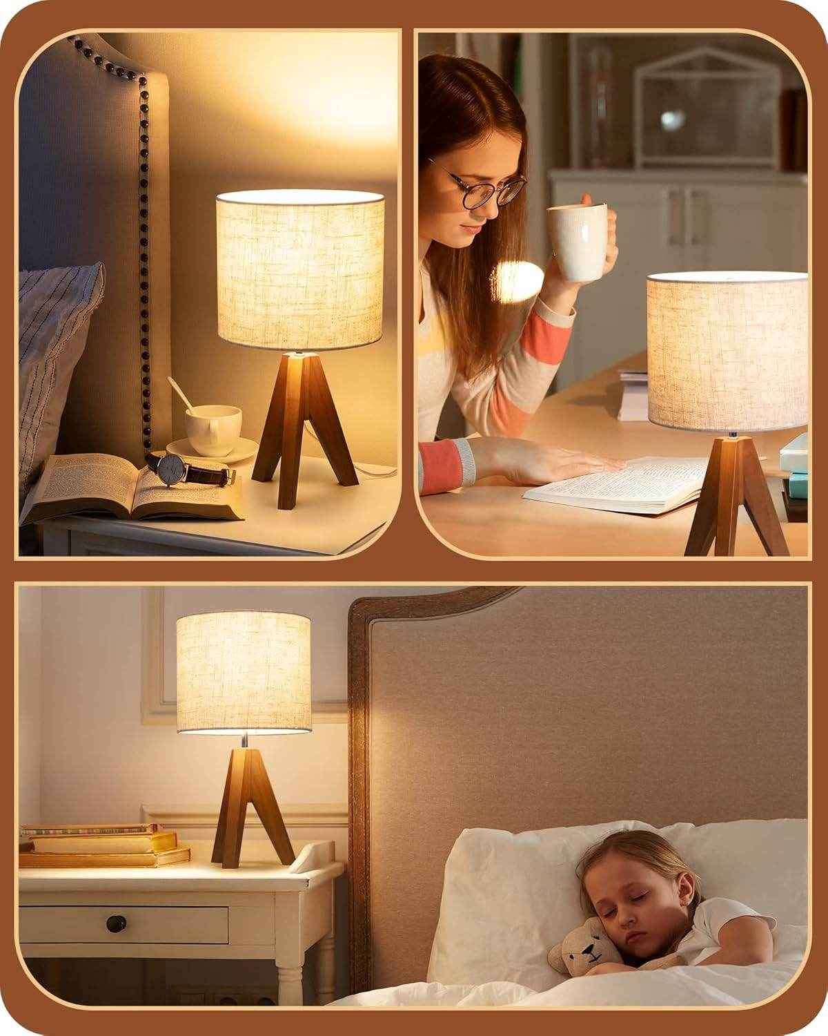 Teakwood Tripod Table Lamp with Fabric Shade & Bulb – Ready to Use Bedside Lighting