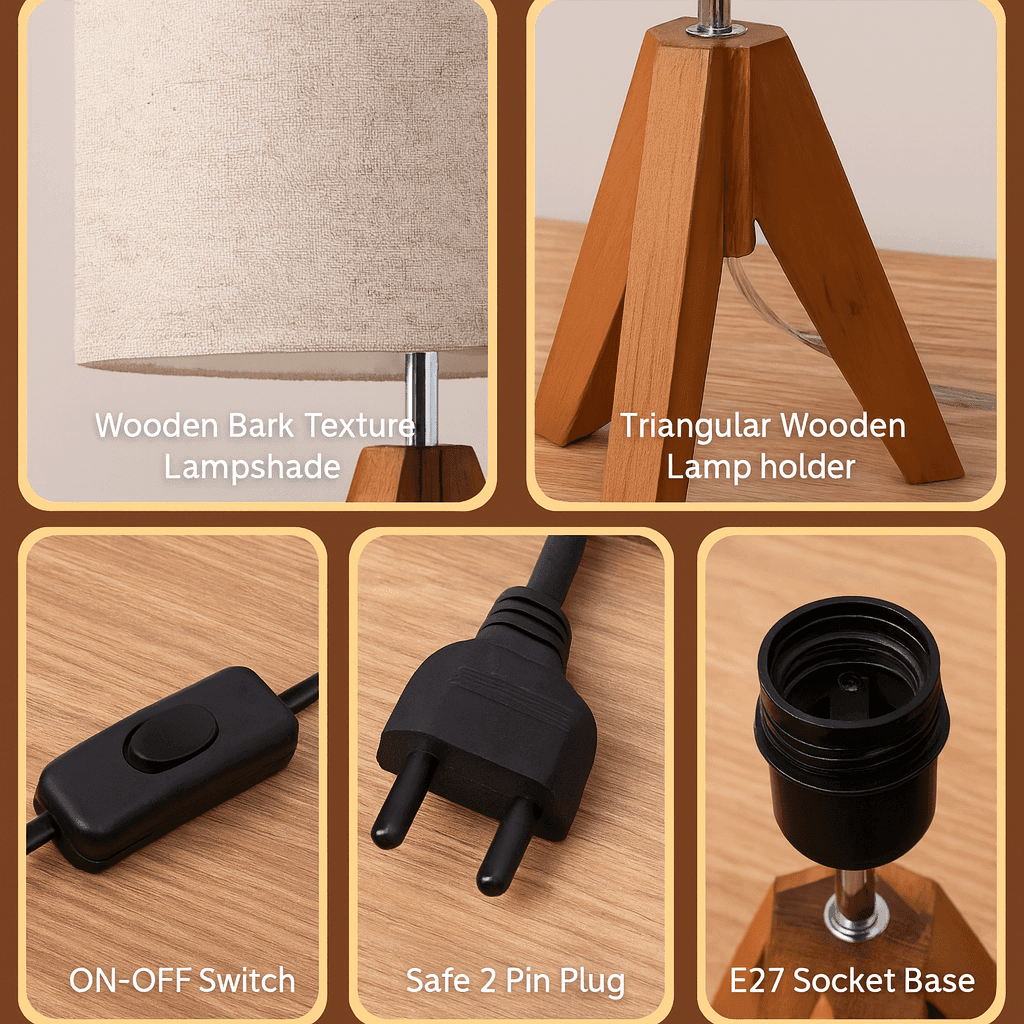 Teakwood Tripod Table Lamp with Fabric Shade & Bulb – Ready to Use Bedside Lighting