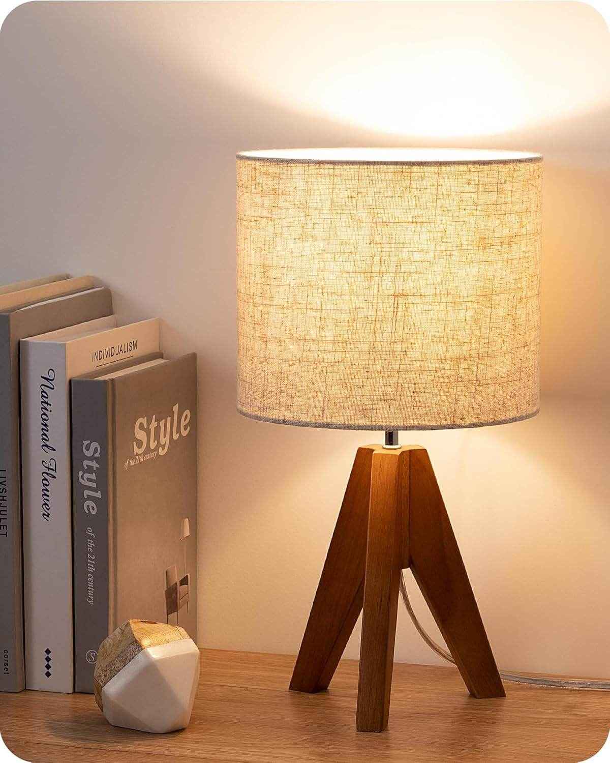 Teakwood Tripod Table Lamp with Fabric Shade & Bulb – Ready to Use Bedside Lighting