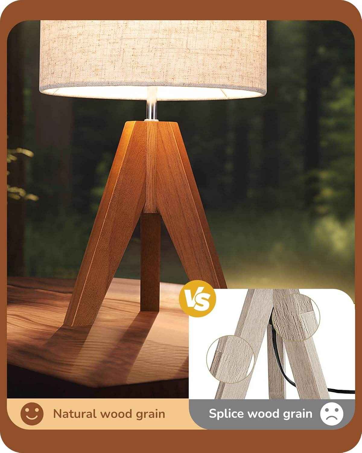 Teakwood Tripod Table Lamp with Fabric Shade & Bulb – Ready to Use Bedside Lighting